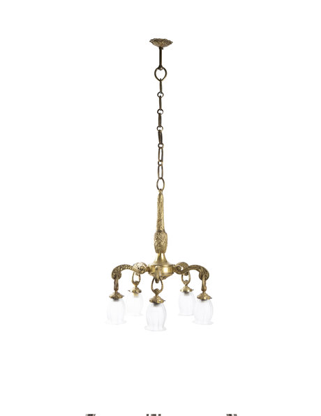 Bronze hanging lamp, solid fixture with 5 frosted glass chalices