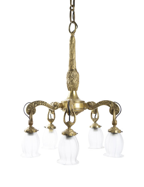 Bronze hanging lamp, solid fixture with 5 frosted glass chalices