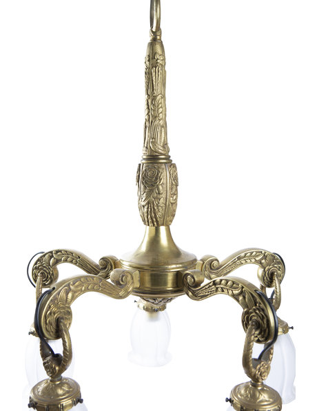 Bronze hanging lamp, solid fixture with 5 frosted glass chalices