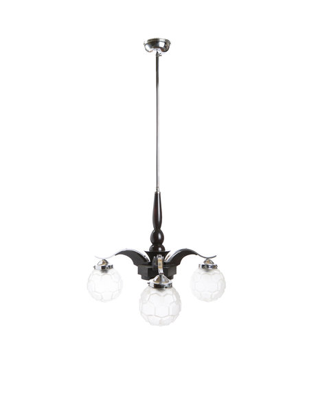 Hanglamp Art Deco, hout met chroom, 3 glazen bollen