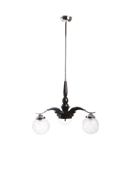 Hanglamp Art Deco, hout met chroom, 3 glazen bollen