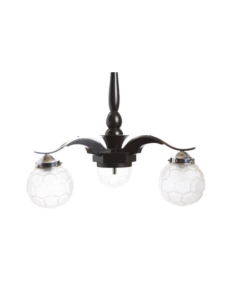 Hanglamp Art Deco, hout met chroom, 3 glazen bollen