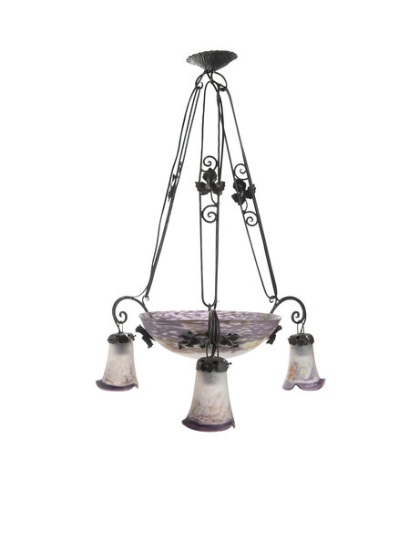 Antique hanging lamp, wrought iron with hand-made glass, 1930s