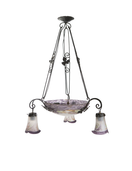 Antique hanging lamp, wrought iron with hand-made glass, 1930s
