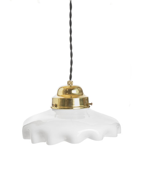 Hanglamp klein, wit glazen kapje aan koperen houder
