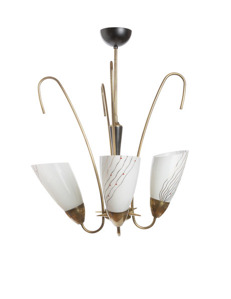 Mooie vintage hanglamp, design, koper armatuur met glazen kappen