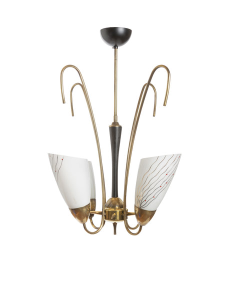 Mooie vintage hanglamp, design, koper armatuur met glazen kappen