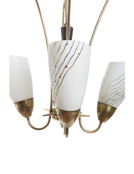 Mooie vintage hanglamp, design, koper armatuur met glazen kappen