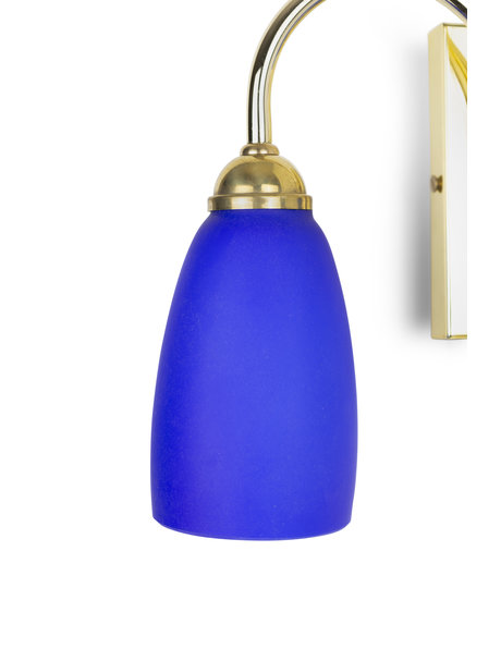 Blauwe wandlamp met goud glimmend armatuur