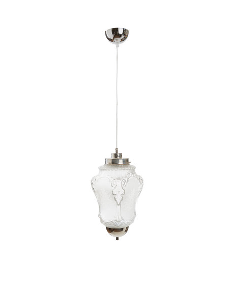 Classic hanging lamp, glass shade clamped in chrome