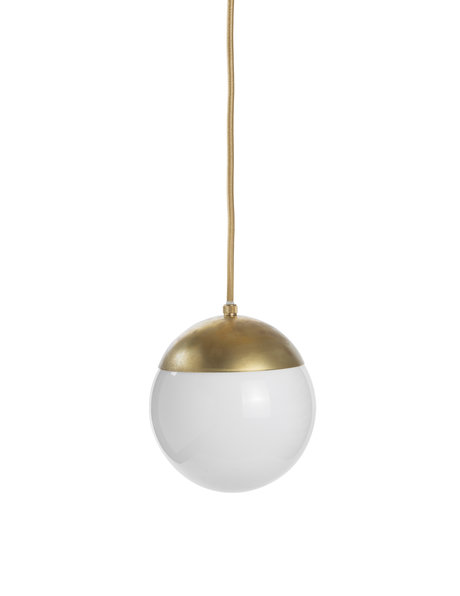 Retro hanging lamp, white glass globe on a gold coloured cord