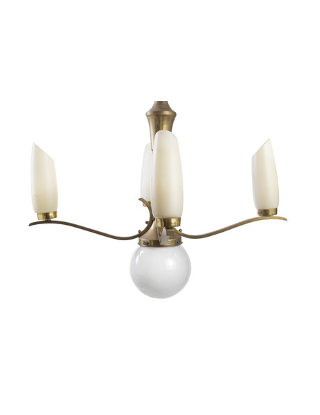 Vintage hanglamp, goud koper met geel en wit glas