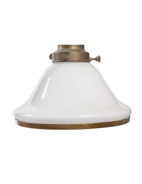 Vintage hanglamp, wit glazen lampenkap met bruin koper armatuur