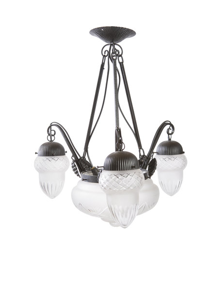 Klassieke hanglamp, zwart smeedijzer, geslepen glas