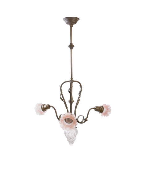 Elegant hanging lamp, curled copper with pink glass