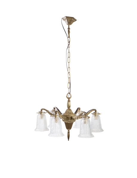 Grote hanglamp, Art Deco,  glas aan brons armatuur