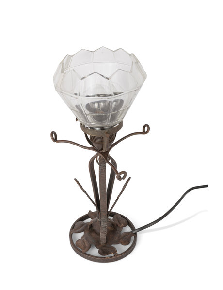 Smeedijzeren tafellamp uit de jaren 30 met hoekige lampenkap