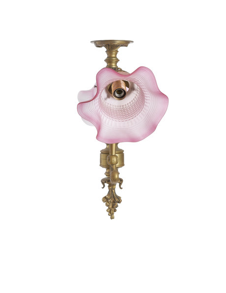Brass pendant lamp, pink glass lamp shades