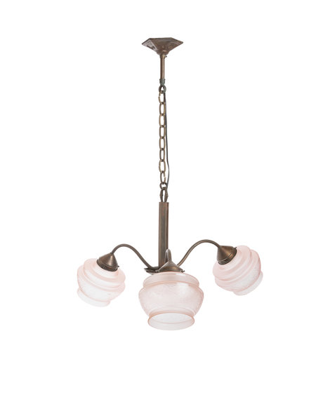 Copper hanging lamp with 3 pink glass shades