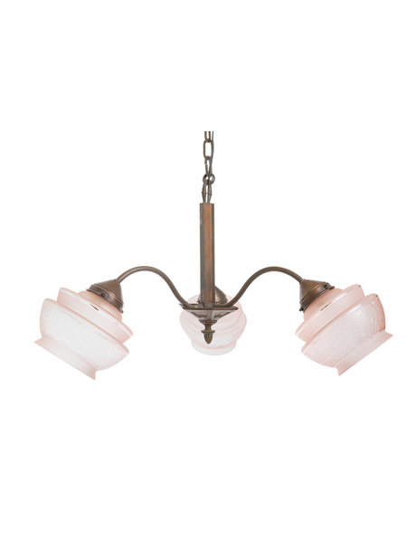 Copper hanging lamp with 3 pink glass shades