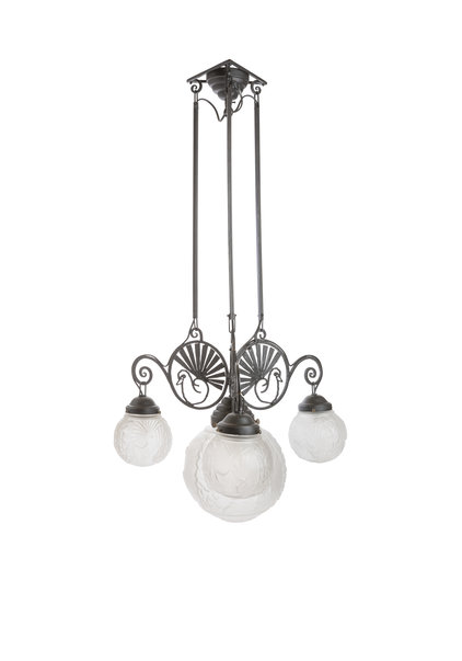 Hanging Lamp, Wrought Iron with Glass Balls