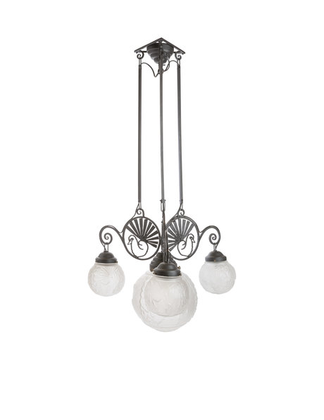 French hanging lamp, black wrought iron, frosted glass