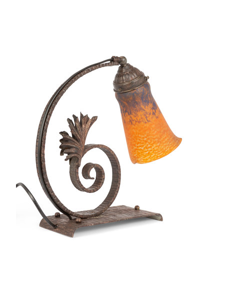 Unique table lamp, orange glass and wrought iron