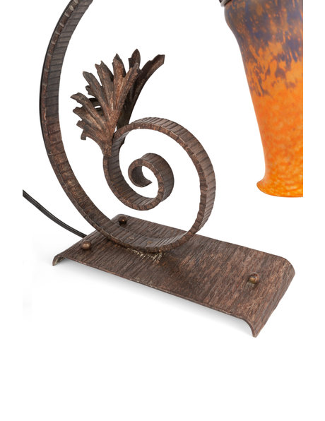 Unique table lamp, orange glass and wrought iron