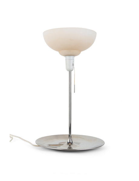 Vintage tafellamp, ronde voet, creme glas