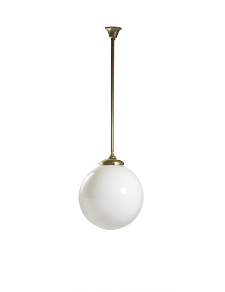 Pendent lamp, white ball on gold copper