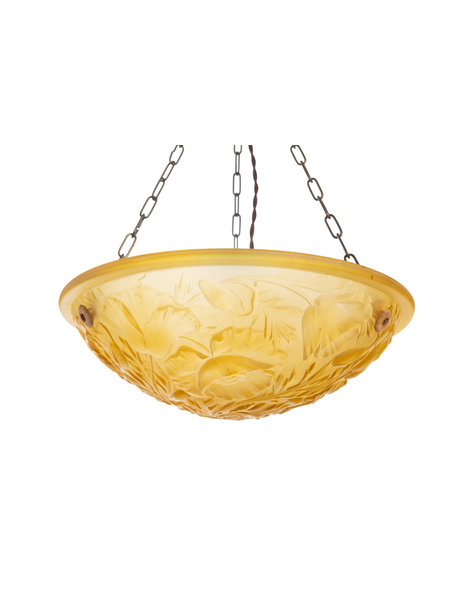 Glass pendant lamp, ocher colored bowl on a chain
