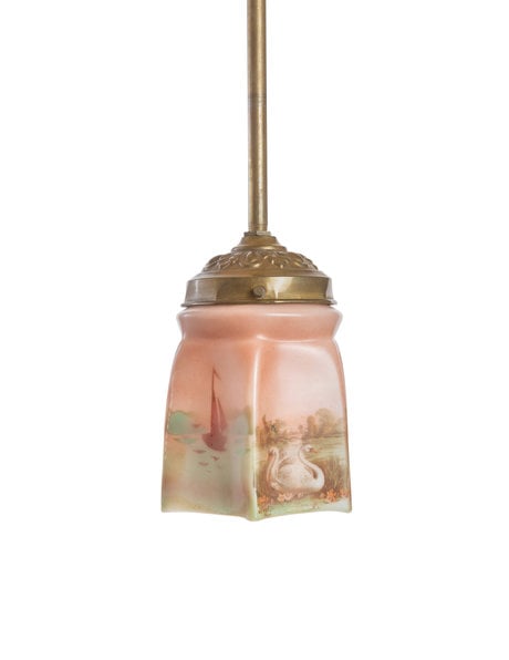 Hanglamp antiek, gekleurd glas aan koper