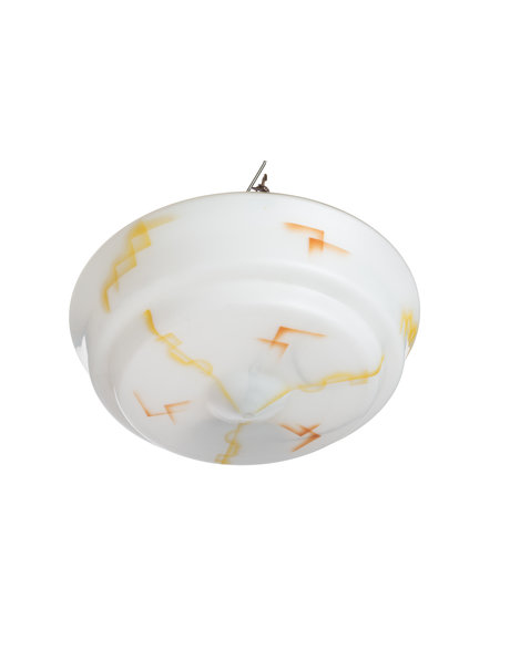 1930s hanging lamp, white bowl with orange-yellow accents