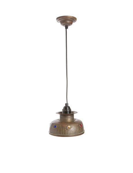 Tiny hanging lamp, burnished brass with colored beads