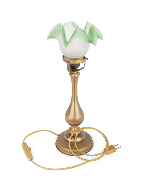 Classic table lamp, skirt-shaped lampshade on a brass base, 1930s