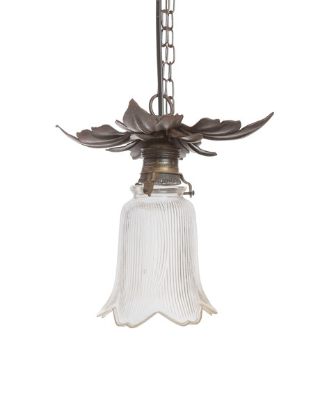 Vintage hanging lamp, glass shade on metal flower
