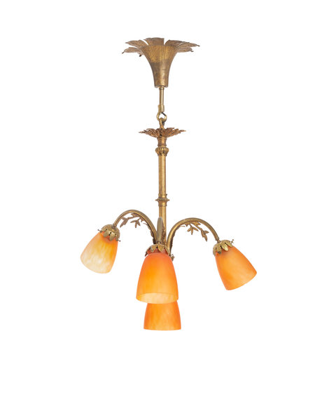 Hanging lamp classic, four orange shades in brown copper