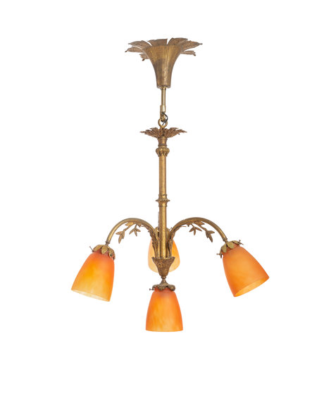 Hanging lamp classic, four orange shades in brown copper