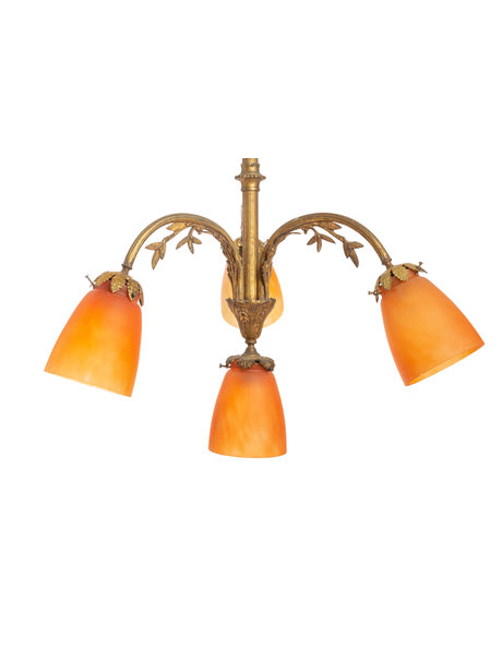 Hanglamp klassiek, vier oranje kappen in bruin koper