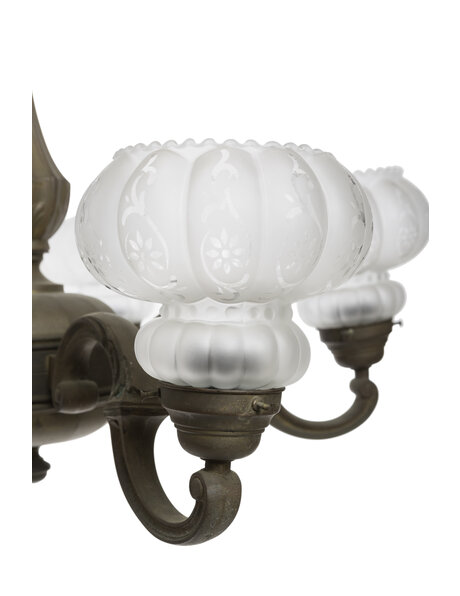 Hanglamp klassiek, glazen kappen op bruin koper