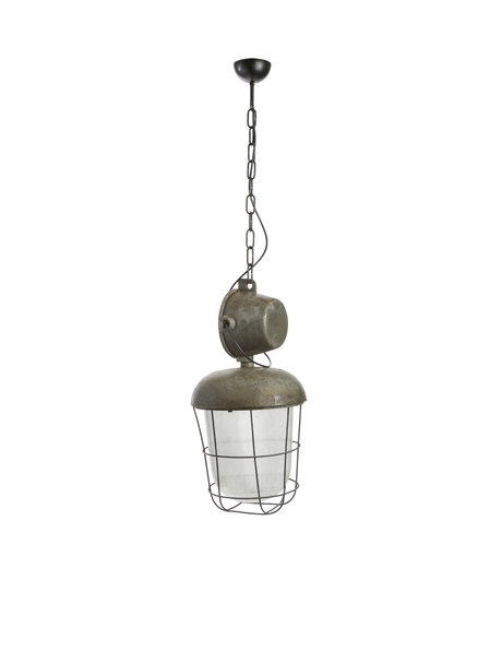 Hanging lamp industrial, cage lamp with glass shade, 1950s