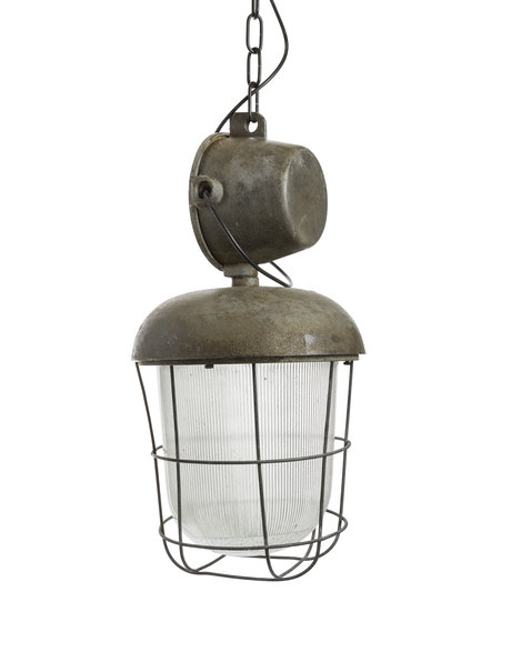 Hanglamp industrieel, kooilamp met glazen kap, ca. 1950