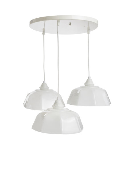 Vintage hanglamp, 3 wit glazen kapjes, ca. 1970