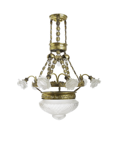 Koperen hanglamp, groot,  mat glazen roosjes