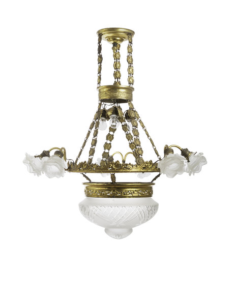 Koperen hanglamp, groot,  mat glazen roosjes