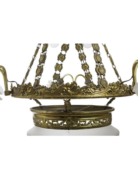 Koperen hanglamp, groot,  mat glazen roosjes