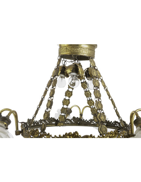 Koperen hanglamp, groot,  mat glazen roosjes