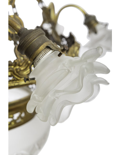 Koperen hanglamp, groot,  mat glazen roosjes