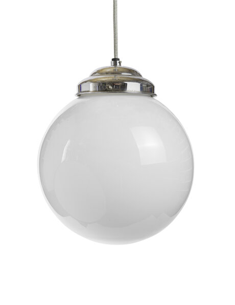 White hanging lamp, glass globe on wire