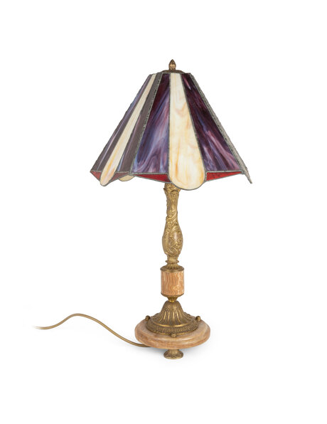 Tafellamp antiek, paarse glas in lood kap